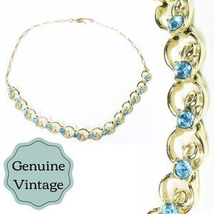 Vintage 1960's Necklace - Baby Blue Rhinestone Choker - White Gold - 50's 60's‌